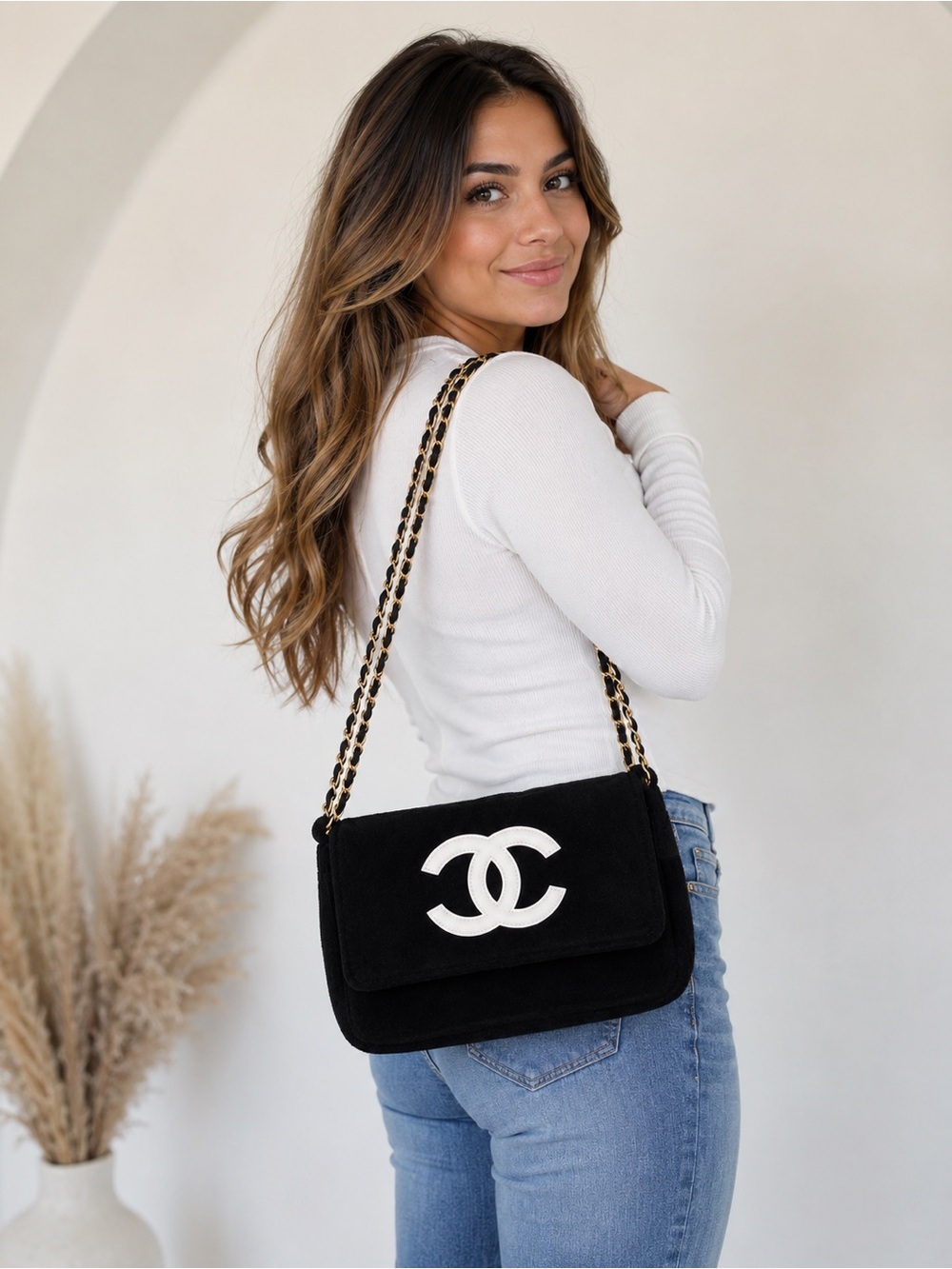 Chanel Precision Suede Flap Bag with White CC Logo